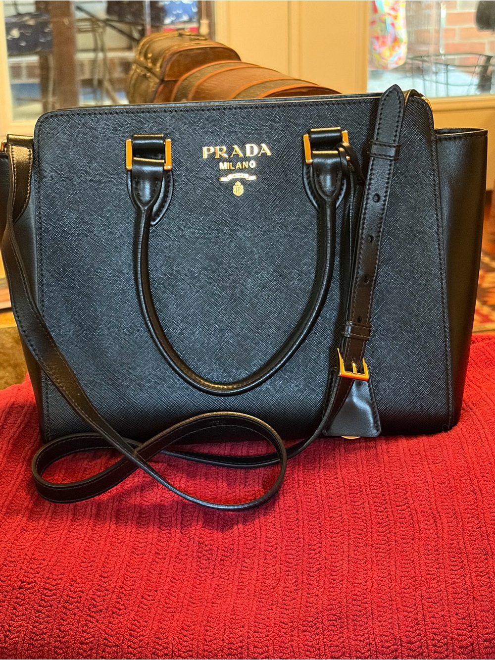 Prada Black Saffiano Leather Satchel with Gold Logo Hardware